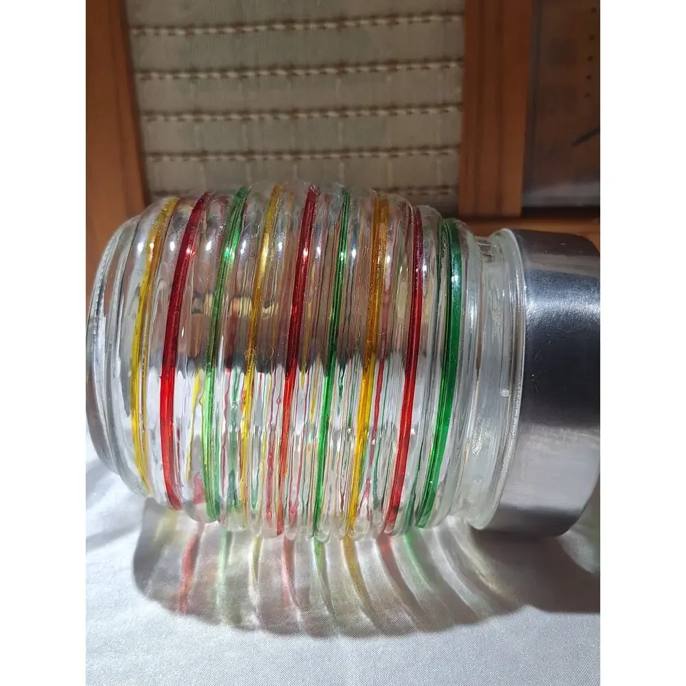 Vintage Ribbed Glass Canister Jar Multicolor Stripes Metal Screw Lid Kitchen